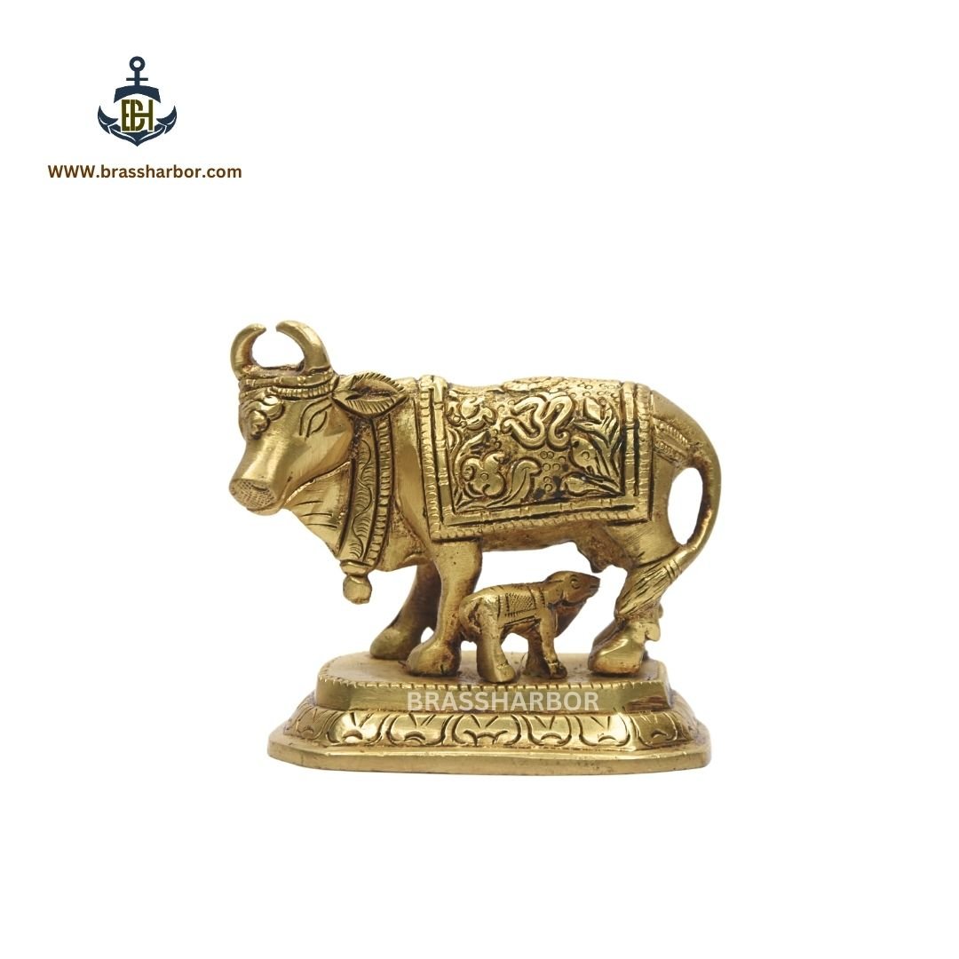 KAMDHENU COW WITH CALF IDOL IN BRASS - 3"