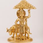 PURE BRASS COW KRISHNA WITH GOVERDHAN PARVAT IDOL 11"